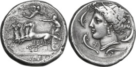 Sicily. Panormos as Ziz. AR Tetradrachm, c. 340 BC. Obv. Charioteer, holding kentron in extended right hand, reins in left, driving fast quadriga left...