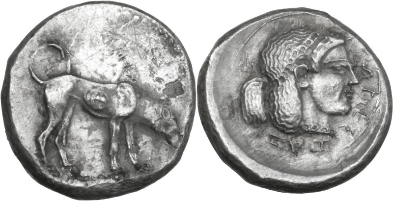 Sicily. Segesta. AR Didrachm, c. 480-475 BC. Obv. Hound standing right, on the s...