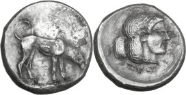 Sicily. Segesta. AR Didrachm, c. 480-475 BC. Obv. Hound standing right, on the scent. Rev. ΣΕΓΕΣΤΑΙΙΒ. Head of female right, hair in thin band, within...