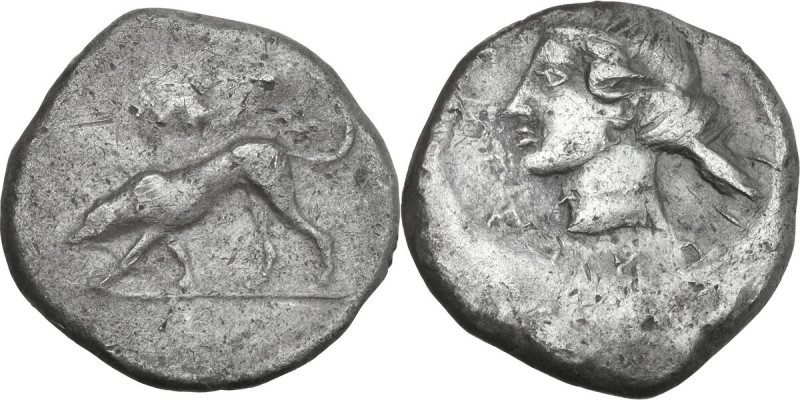 Sicily. Segesta. AR Didrachm, circa 412/410-400 BC. Obv. Hound scenting left; ab...