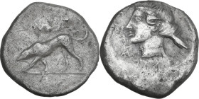 Sicily. Segesta. AR Didrachm, circa 412/410-400 BC. Obv. Hound scenting left; above, facing head. Rev. ΣEΓEΣTAZIB (retrograde). Head of Aigiste left. ...