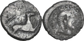 Sicily. Segesta. AR Hemidrachm, c. 380 BC. Obv. Hound springing right. Rev. Head of the Nymph Segesta right; border of pellets. HGC 2 1155; Hurter, Di...