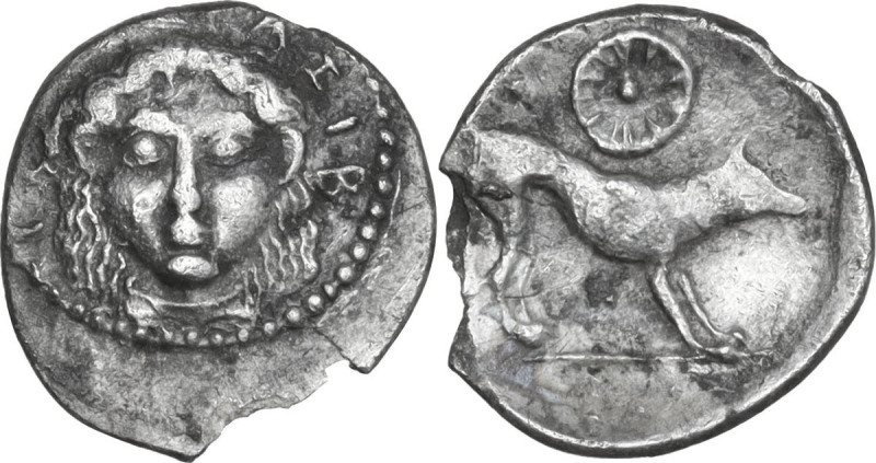 Sicily. Segesta. AR Litra, c. 455/0-445/0 BC. Obv. ΣΕΓΕΣΤΑΖΙΒ. Facing head of th...