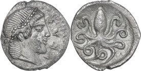 Sicily. Syracuse. Second Democracy (466-405 BC). AR Litra, c. 460-450 BC. Obv. ΣVRA. Diademed head of Arethusa right. Rev. Octopus. HGC 2 1375; SNG AN...
