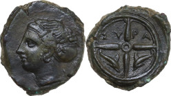Sicily. Syracuse. Second Democracy (466-405 BC). AE Hemilitron, c. 415-405 BC. Obv. Head of Arethusa left, wearing necklace and earring, hair in sphen...