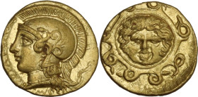 Sicily. Syracuse. Second Democracy (466-405 BC). AV Dilitron. Struck circa 406/5 BC. Obverse die signed by the artist IM. Obv. ΣVPAKOΣIΩN. Head of Ath...