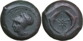 Sicily. Syracuse. Dionysios I to Dionysios II. AE Drachm, c. 380 BC. Obv. ΣΥΡΑ. Head of Athena left, wearing Corinthian helmet decorated with olive-wr...
