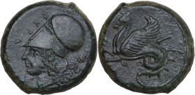 Sicily. Syracuse. Dionysios I to Dionysios II. AE Hemilitron, c. 375-344 BC. Obv. ΣYPA. Head of Athena left, wearing Corinthian helmet. Rev. Hippocamp...