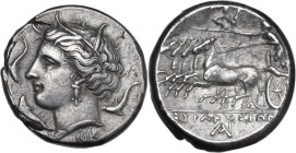 Sicily. Syracuse. Agathokles (317-289 BC). AR Tetradrachm, c. 317-310 BC. Obv. Wreathed head of Arethousa left; three dolphins around; NK below neck. ...