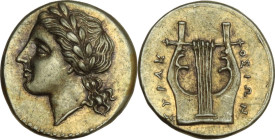 Sicily. Syracuse. Agathokles (317-289 BC). EL 25 litrai, c. 310-300 BC. Obv. Laureate head of Apollo left. Rev. ΣYPAKOΣIΩΝ. Lyre. HGC 2 1295; SNG ANS ...