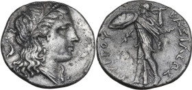 Sicily. Syracuse. Pyrrhos (278-276 BC). AR Oktobol, c. 297-272 BC. Obv. Head of Persephone right, wearing wreath of grain; behind, dolphin swimming do...
