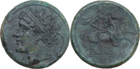 Sicily. Syracuse. Hieron II (274-215 BC). AE 27 mm, c. 240-215 BC. Obv. Diademed head left. Rev. IEPΩNOΣ. Warrior on horseback right, holding spear; b...