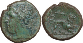 Sicily. Syracuse. Agathokles (317-289 BC). AE Litra, c. 308-307 BC. Obv. ΣΥΡΑΚΟΣΙΩΝ. Diademed head of Herakles left, hair bound with tainia; behind, [...