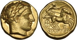 Continental Greece. Kings of Macedon. Philip II (359-336 BC). AV Stater. Amphipolis mint, c. 340-328 BC. Obv. Laureate head of Apollo right. Rev. Char...