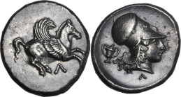 Continental Greece. Akarnania, Leukas. AR Stater, c. 400-375 BC. Obv. Pegasos flying right; Λ below. Rev. Head of Athena right, wearing Corinthian hel...