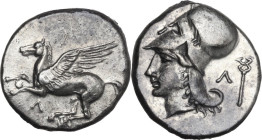 Continental Greece. Akarnania, Leukas. AR Stater, c. 350-320 BC. Obv. Pegasos flying left; Λ below. Rev. Head of Athena left wearing Corinthian helmet...