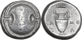 Continental Greece. Boeotia, Thebes. AR Stater. Struck circa 363-338 BC. Damokl-, magistrate. Obv. Boeotian shield. Rev. Amphora; ΔA-MO/K-Λ in two lin...
