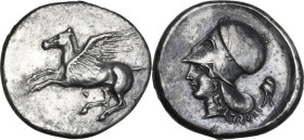 Continental Greece. Corinthia, Corinth. AR Stater, c. 400-375 BC. Obv. Pegasos flying left; below, koppa. Rev. Head of Athena left, wearing Corinthian...