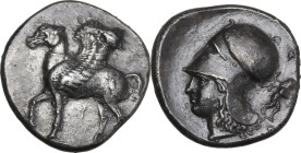 Continental Greece. Corinthia, Corinth. AR Stater, c. 400-375 BC. Obv. Pegasos standing left, koppa below. Rev. Head of Athena left, wearing Corinthia...