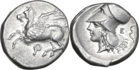 Continental Greece. Corinthia, Corinth. AR Stater, c. 375-300 BC. Obv. Pegasos flying left; koppa below. Rev. Helmeted head of Athena left; to right, ...