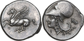 Continental Greece. Corinthia, Corinth. AR Stater, c. 350/45-285 BC. Obv. Pegasos flying left; koppa below. Rev. Helmeted head of Athena left; I befor...