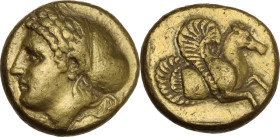 Greek Asia. Mysia, Lampsakos. AV Stater, c. 394-350 BC. Obv. Female head (Sappho?) left, wearing sakkos and laurel wreath. Rev. Forepart of Pegasos fl...