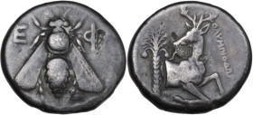 Greek Asia. Ionia, Ephesos. AR Tetradrachm, c. 4th century BC. Obv. E-Φ. Bee. Rev. Forepart of stag right, head turned left; behind, palm tree; to rig...