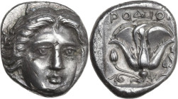 Greek Asia. Islands off Caria, Rhodes. AR Tetradrachm. Chian standard, c. 404-385 BC. Obv. Head of Helios facing slightly right. Rev. POΔION. Rose wit...