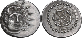 Greek Asia. Islands off Caria, Rhodes. AR Drachm, Aineas magistrate, c. 88/42 BC-AD 14 BC. Obv. Head of Helios facing slightly right. Rev. P-O. Rose s...