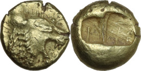 Greek Asia. Kings of Lydia. AV Trite – 1/3 Stater, time from Alyattes to Kroisos, c. 620-610 to 550-539 BC. Obv. Head of a roaring lion right; 'sun' w...