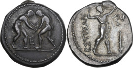 Greek Asia. Pamphylia, Aspendos. AR Stater, c. 330/25-300/250 BC. Obv. Two wrestlers grappling; E between. Rev. EΣTFEΔIY. Slinger in throwing stance r...