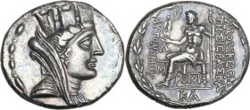 Greek Asia. Seleukis and Pieria, Laodicea ad Mare. AR Tetradrachm. Dated CY 30 (52/1 BC). Obv. Veiled, draped, and turreted bust of Tyche right. Rev. ...