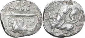 Greek Asia. Phoenicia, Byblos. AR Dishekel, King Azbaal, 400-365 BC. Obv. Galley left, prow terminating in lion's head, containing three hoplites with...