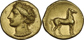 Africa. Zeugitania, Carthage. EL Stater, c. 290-270 BC. Obv. Head of Tanit left, wearing wreath of grain, triple-pendant earrings, and necklace with n...