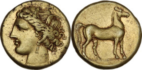 Africa. Zeugitania, Carthage. EL Stater, c. 290-270 BC. Obv. Head of Tanit left, wearing wreath of grain, triple-pendant earrings, and necklace with n...