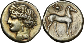 Africa. Zeugitania, Carthage. First Punic War issue. EL Trihemishekel, c. 264-241 BC. Obv. Wreathed (pellet on the leaf of wreath) head of Kore left, ...