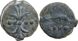 Dioscuri/Mercury series. AE Cast Triens, c. 280-276 BC. Obv. Thunderbolt; on either side, two pellets. Rev. Dolphin right; below, four pellets. Cr. 14...