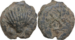 Dioscuri/Mercury series. AE Cast Sextans, c. 280-276 BC. Obv. Scallop shell; below, two pellets. Rev. Caduceus; two pellets across field. Cr. 14/5; Ve...