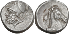 Anonymous. AR Fourrée early denarius (so far referred as 'didrachm'), uncertain Campanian mint, end of IV century. Obv. Helmeted head of Mars left; oa...