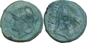 Anonymous. AE Litra (?), c. 279-270 BC. Obv. Helmeted head of Minerva left. Rev. Head of horse right; behind, ROMANO. Cr. 17/1a. AE. 5.10 g. 19.00 mm....