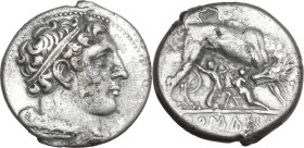 Anonymous. AR Early denarius (so far referred as 'didrachm'), uncertain mint, 273 BC (?). Obv. Head of Hercules right, with club and lion's skin over ...