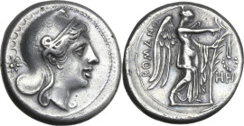 Anonymous. AR Early denarius (so far referred as 'didrachm'), uncertain mint (Tarentum?), 272-271 BC (?). Obv. Head of Roma right, wearing Phrygian he...