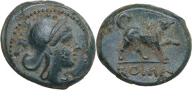 Anonymous. AE Half Litra (?), from 269 BC. Obv. Head of Roma right, wearing Phrygian helmet. Rev. Dog right. Cr. 26/4; HN Italy 309. AE. 1.82 g. 13.00...