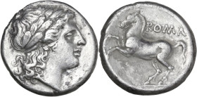 Anonymous. AR Early denarius (so far referred as 'didrachm'), 269-268 BC. Obv. Laureate head of Apollo right. Rev. ROMA. Horse prancing left. Cr. 26/1...
