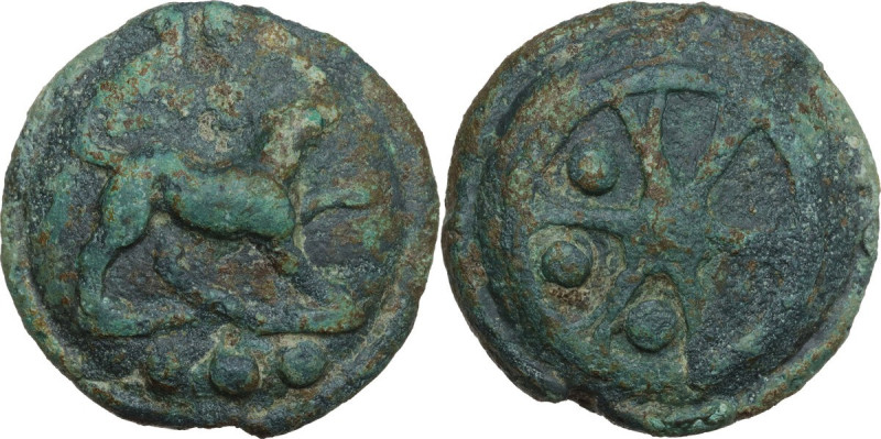 Roma/Wheel series. AE cast Quadrans, 265-242 BC. Obv. Dog right; in exergue, thr...