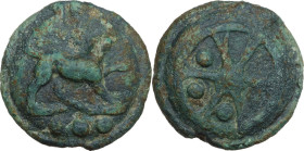Roma/Wheel series. AE cast Quadrans, 265-242 BC. Obv. Dog right; in exergue, three pellets. Rev. Wheel of six spokes; between spokes, three pellets. C...