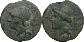Dioscuri/Mercury with sickle symbol series. AE Cast Semis, 241-235 BC. Obv. Head of Minerva left, wearing Corinthian helmet; below, S. Rev. Female hea...