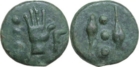 Dioscuri/Mercury with sickle symbol series. AE Cast Quadrans, 241-235 BC. Obv. Right hand with open palm; to right, three pellets; to left, sickle. Re...