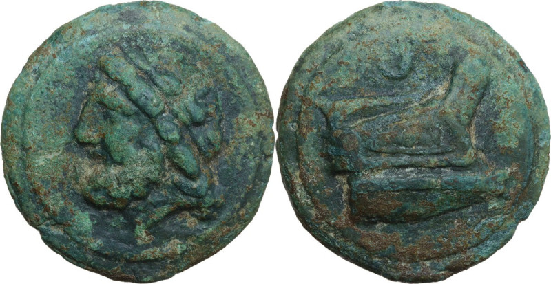 Janus/prow to right libral series. AE Cast Semis, c. 225-217 BC. Obv. Laureate h...
