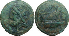 Janus/prow to right libral series. AE Cast Semis, c. 225-217 BC. Obv. Laureate head of Saturn left; below, mark of value S. Rev. Prow right; above, ma...